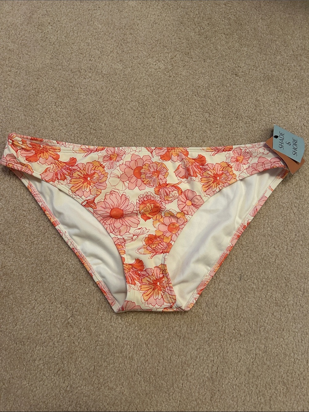 Shade & Shore Cream Bikini Bottoms with Coral and Pink Floral Print
